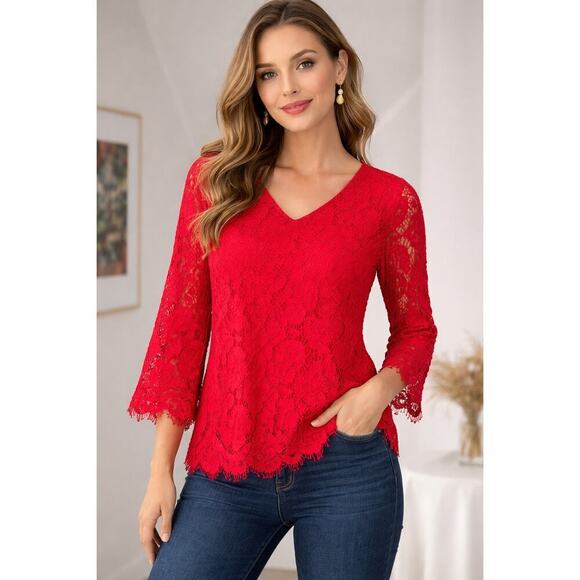 Zac & Rachel Tops - Zac & Rachel Red Lace V Neck Long Sleeve Feminine Boho Blouse sz medium